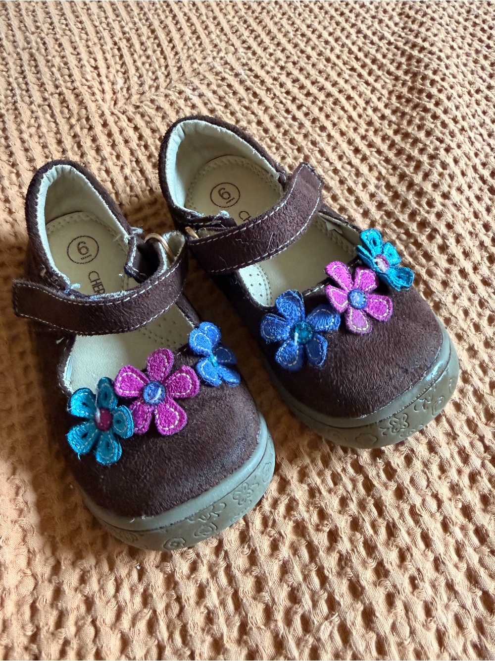Cherokee Brown Mary Jane Shoes with Pink & Blue Flower Appliqués
